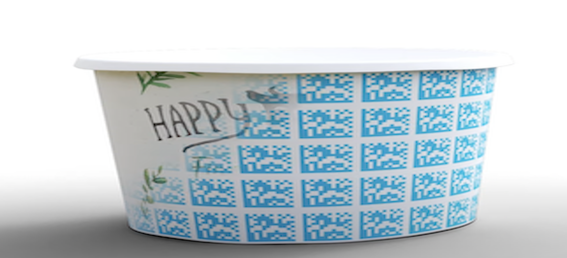 A paper cup with the word "Happy" on the left and blue repeating watermark symbols around the remainder of the cup in squares